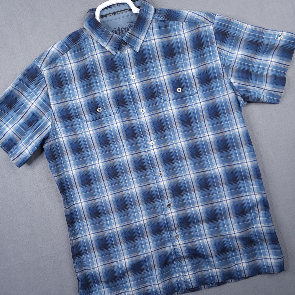 Kuhl Eluxur Button Down Shirt Mens Medium Blue Plaid Outdoor Gorpcore Hiking Top